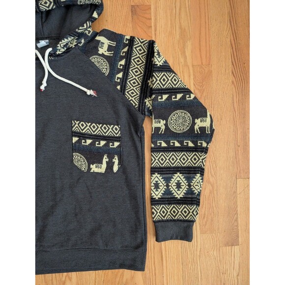 Ecuador Aztec Hoodie Pullover Wool Blend Blue Footed Design Handmade Alpaca L - Picture 9 of 12